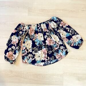 Peach Love California Off Shoulder Floral Top Navy Cream Pink Medium LIKE NEW